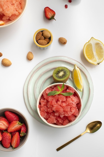 Close up on granita dessert with various ingredients