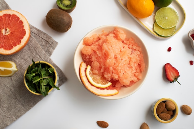 Close up on granita dessert with various ingredients