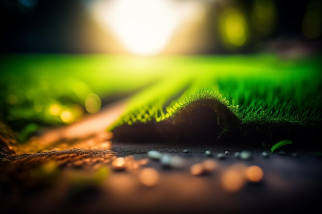 Free photo a close up of a grass field with a light shining on it