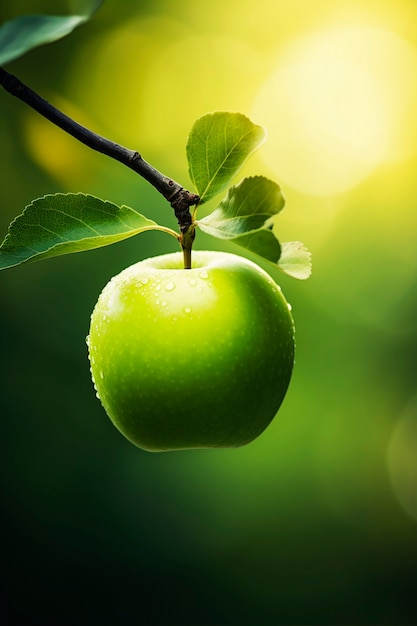 Free photo close up green apple on branch