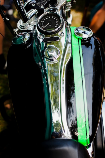 Close up green motorbike patrts