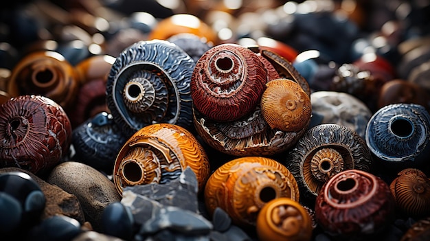 Free photo close up of a group of colorful stone beads on the beach