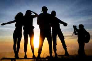 Free photo close-up. a group of tourists meet the dawn on the volcano batur. bali indonesia