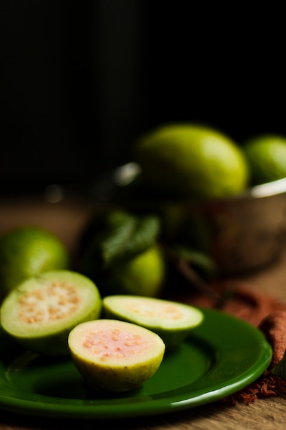 Close up guava fruits on plate