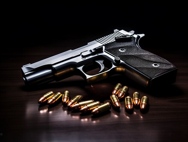 close up on gun surrounded by bullets