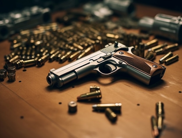 close up on gun surrounded by bullets