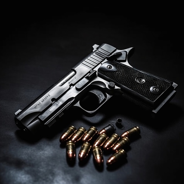 close up on gun surrounded by bullets
