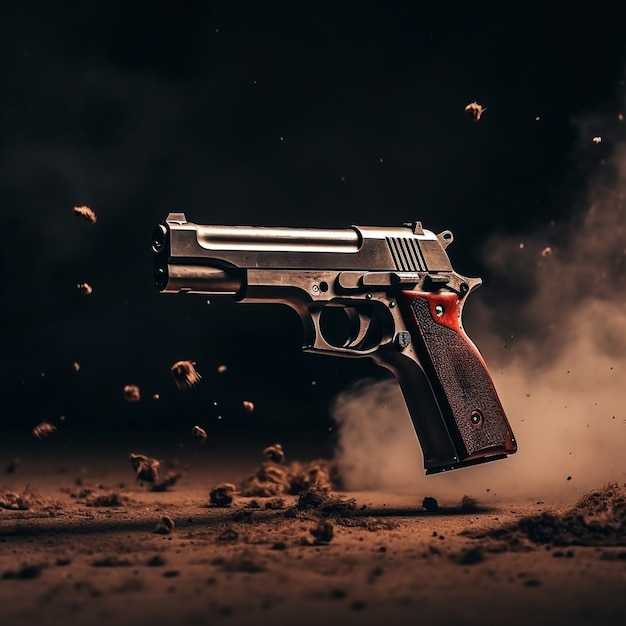 Free photo close up on gun surrounded by gun powder after shooting