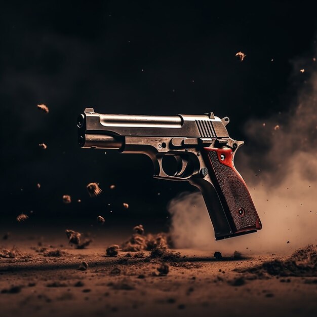 Close up on gun surrounded by gun powder after shooting