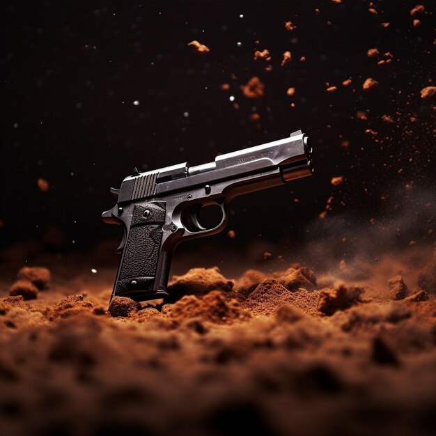 close up on gun surrounded by gun powder after shooting
