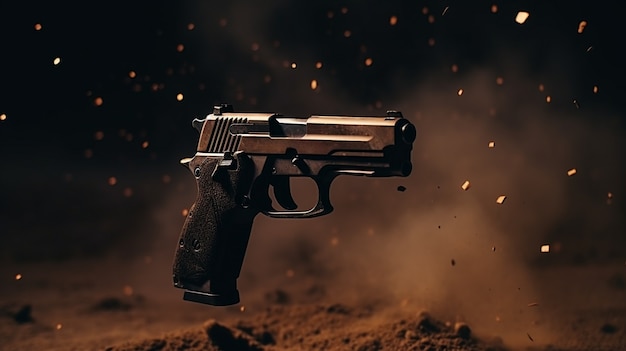 Free photo close up on gun surrounded by gun powder after shooting