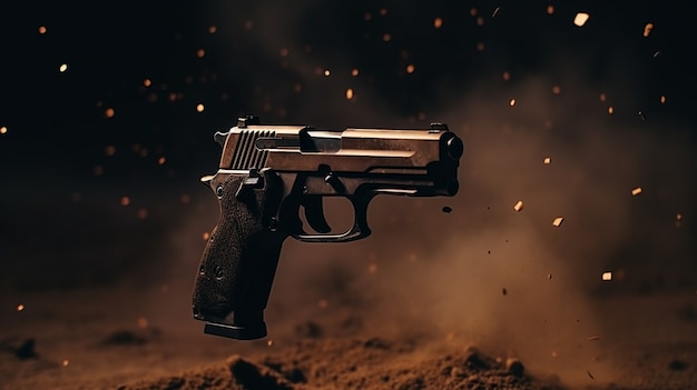 close up on gun surrounded by gun powder after shooting