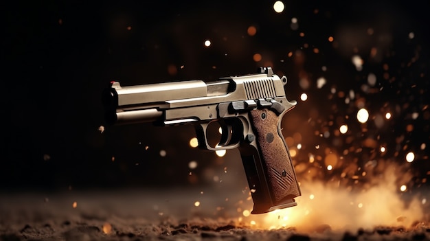 close up on gun surrounded by gun powder after shooting