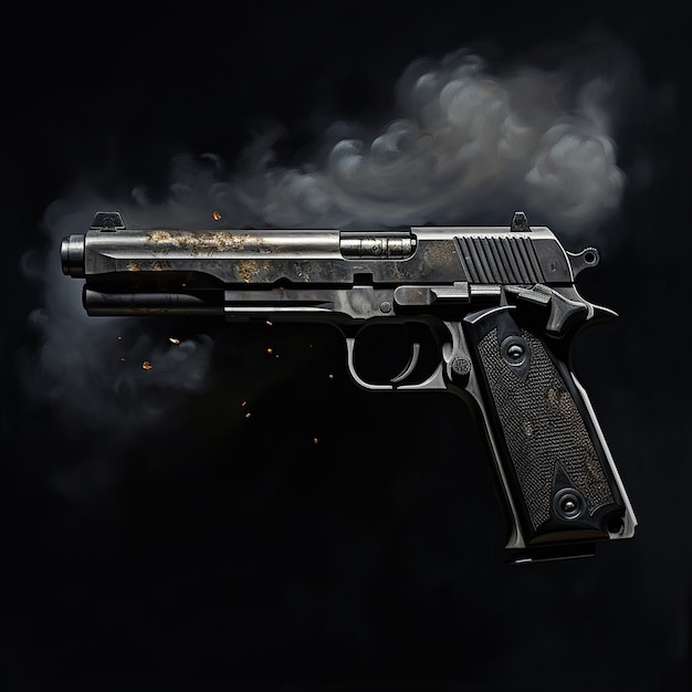close up on gun surrounded by gun powder after shooting