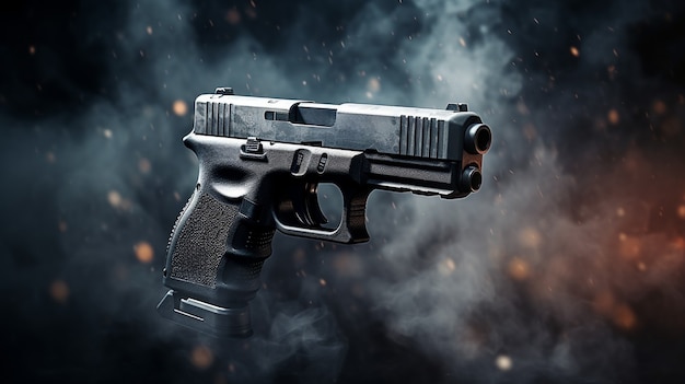 close up on gun surrounded by gun powder after shooting