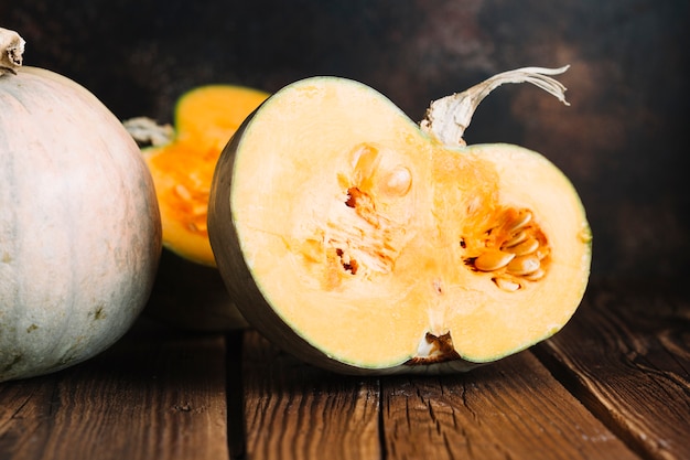 Close-up half of pumpkin with seeds