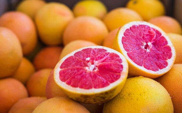 Close-up of halved juicy grapefruits