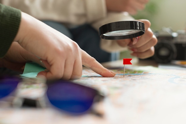 Close up hand having magnifying glass