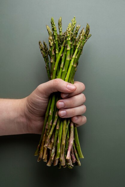 close up hand holding asparagus