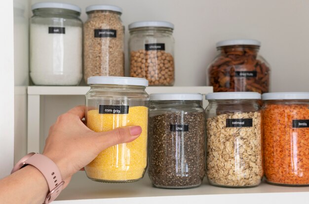 Close up hand holding corn grits jar