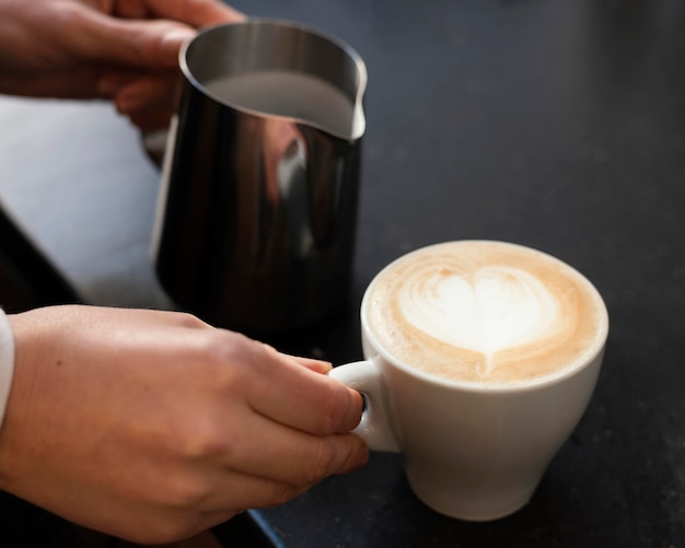 Close up hand holding cup with coffee