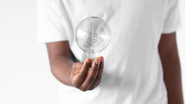 Close up hand holding light bulb