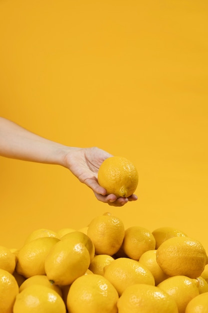 Mano del primo piano che tiene limone organico