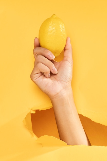 Free photo close-up hand holding raw lemon