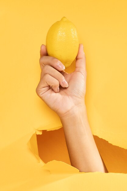 Close-up hand holding raw lemon