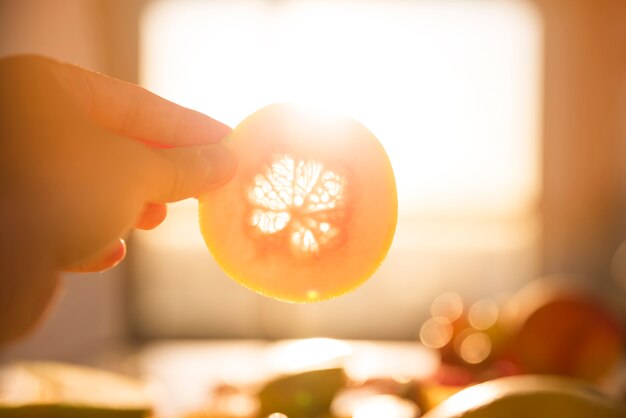 Крупным планом руки, держащей ломтик грейпфрута против солнечного света
