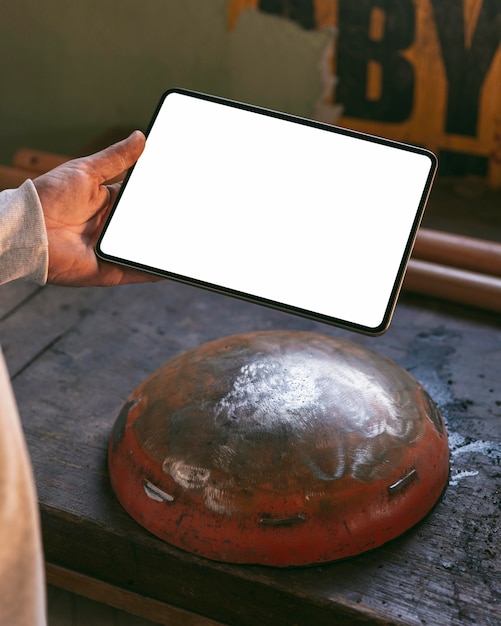 Close-up hand holding tablet