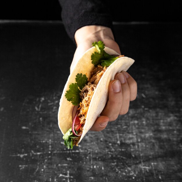 Close-up hand holding taco with parsley