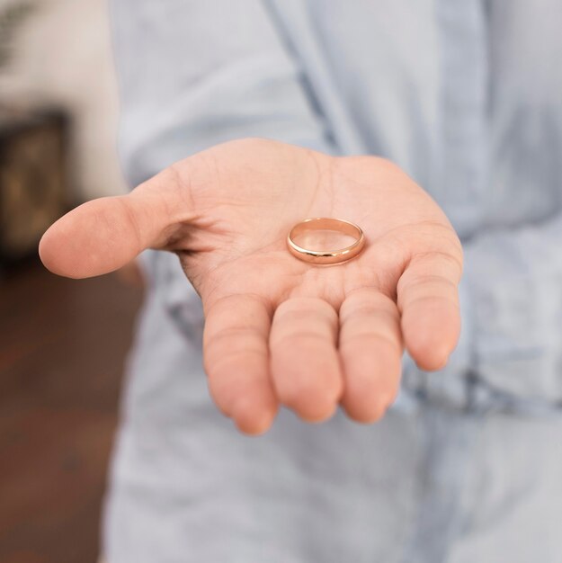 Close-up hand holding wedding ring