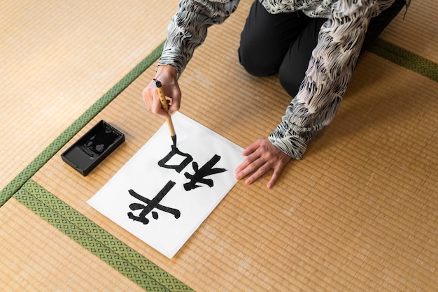 Close-up hand painting japanese letter