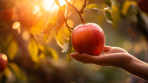 Крупным планом рука собирает яблоко с дерева
