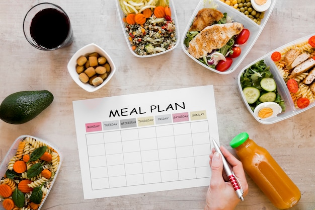 Close-up hand with meal plan