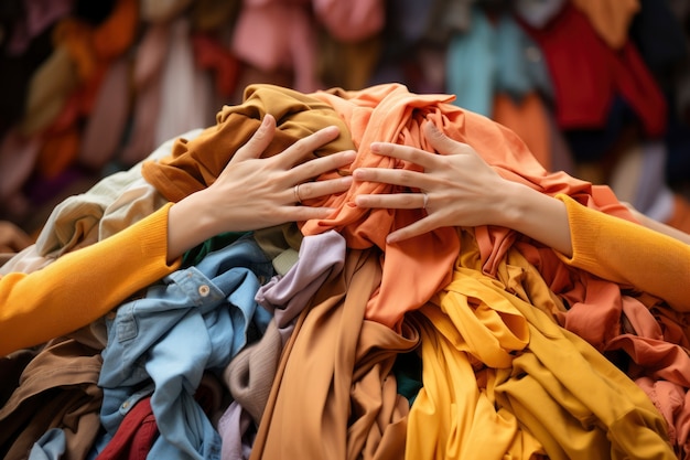 Close up on hands on clothing pile