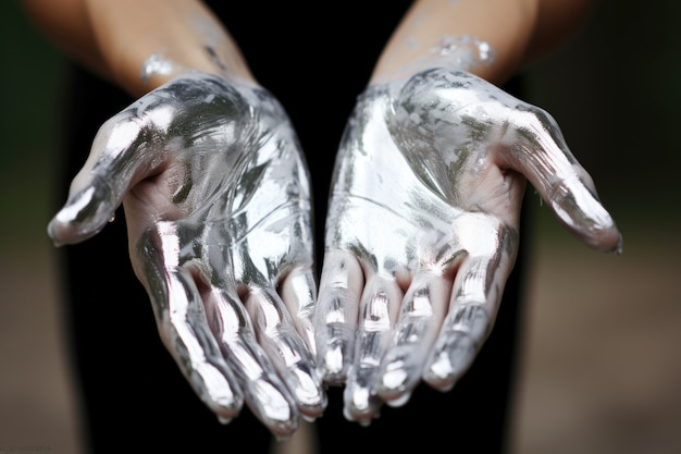 Close up on hands coated in metallic liquid