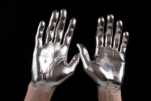 Close up on hands coated in metallic liquid