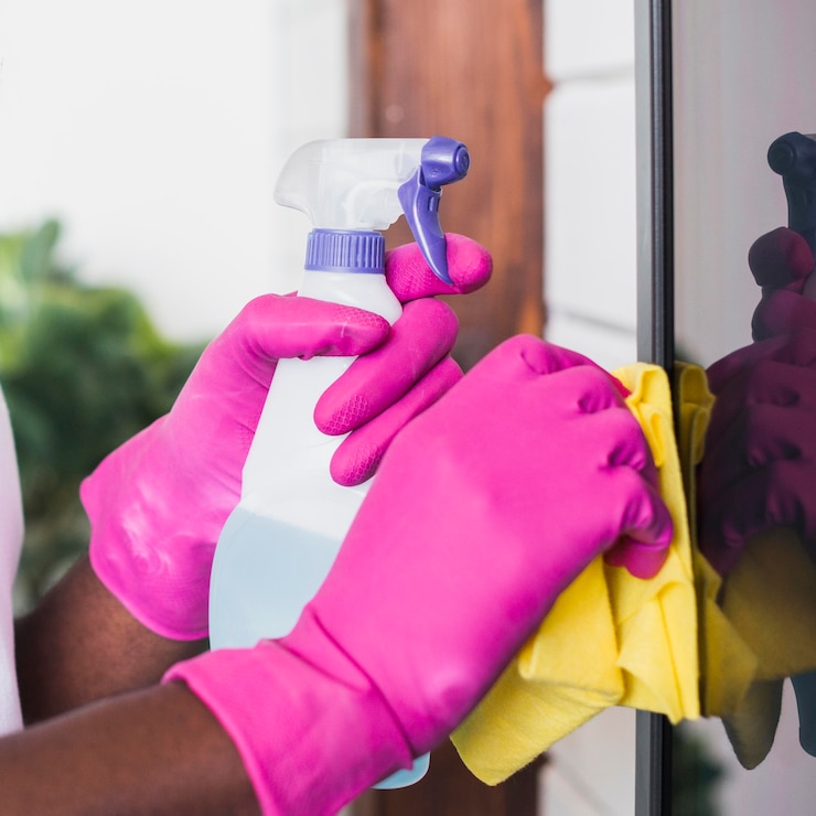 Free Photo close-up hands holding cleaning supplies