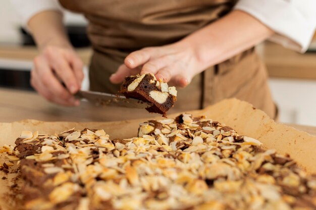 Close up  hands holding dessert