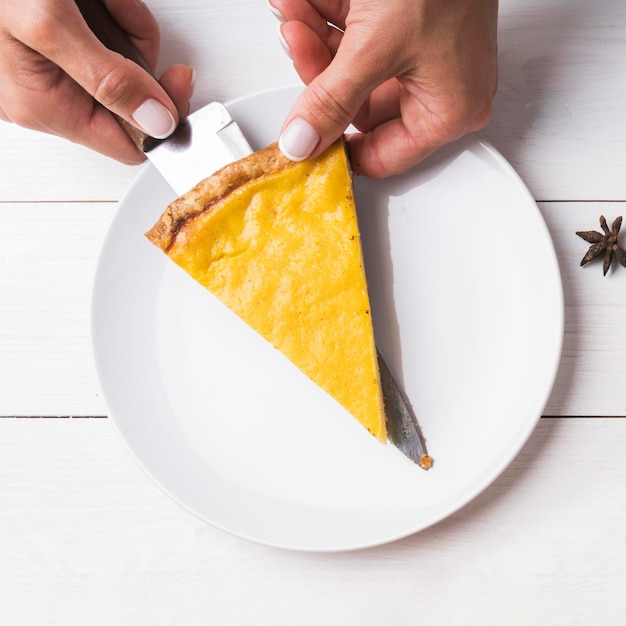 Close-up hands holding pie slice