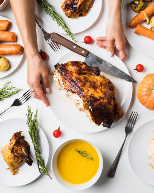 Close-up hands holding plate with turkey