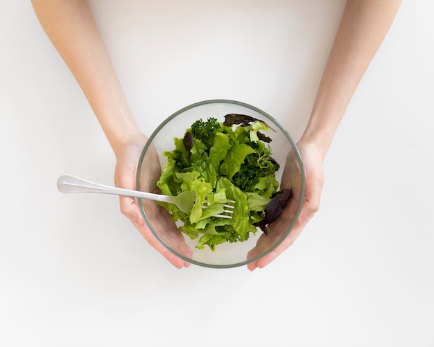 Free photo close up hands holding salad bowl