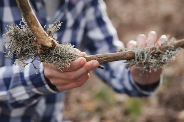 Close-up of hands with a branch