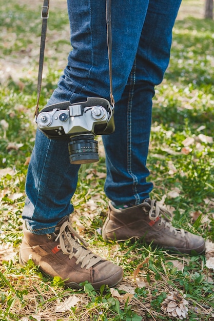 Foto gratuita chiudere, su, appendere, macchina fotografica