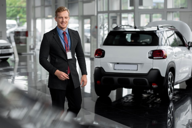 Free photo close up on happy business person in car dealership