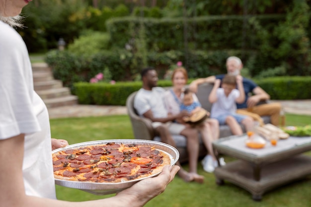 close up happy family with food