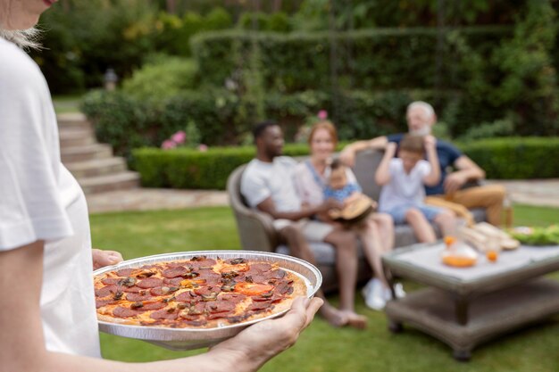 Close up happy family with food