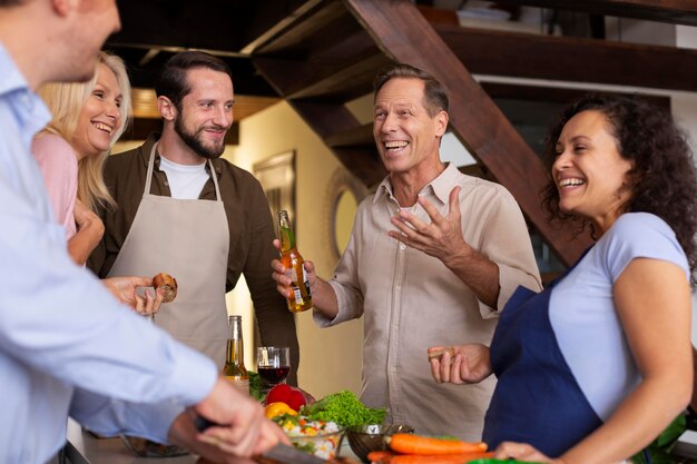 close up happy people with delicious food